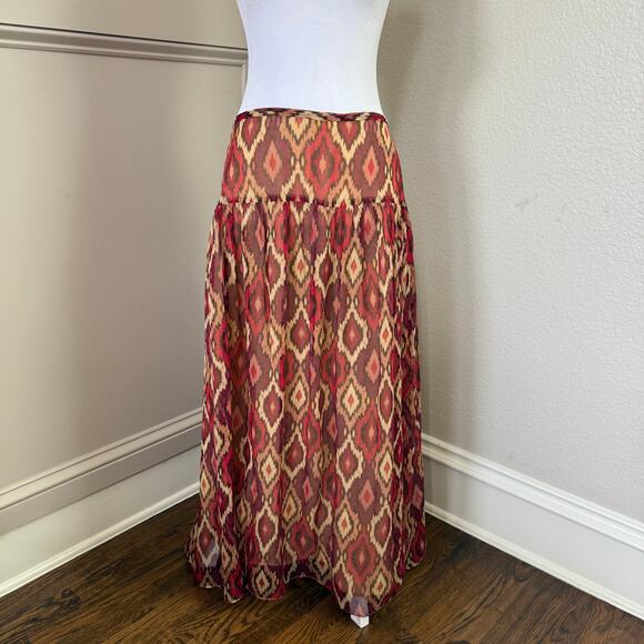 Valerie Stevens 100% Silk Maxi Skirt Sz 16 Ikat Print Fall Boho Lined Long Skirt - Picture 1 of 7